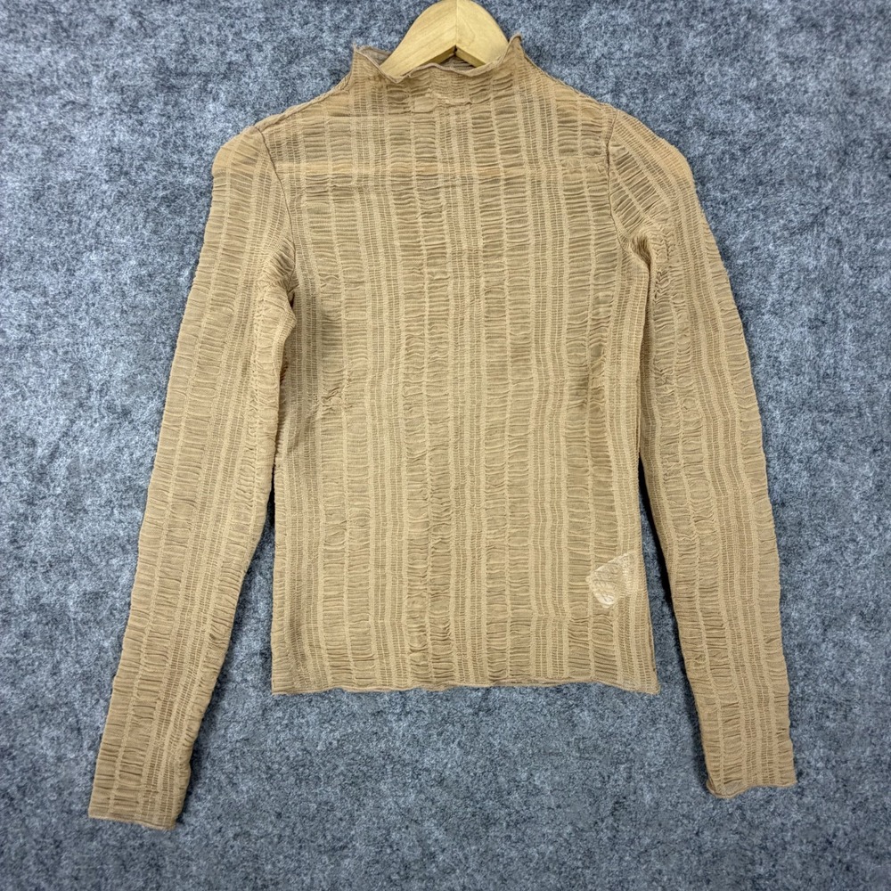 H&M Textured Top Womens Small Beige Sheer Mesh Mock Neck Pullover Long Sleeve